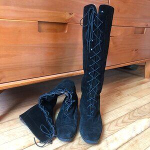 Vintage 1960's Black Genuine Suede Lace-Up Knee Boots